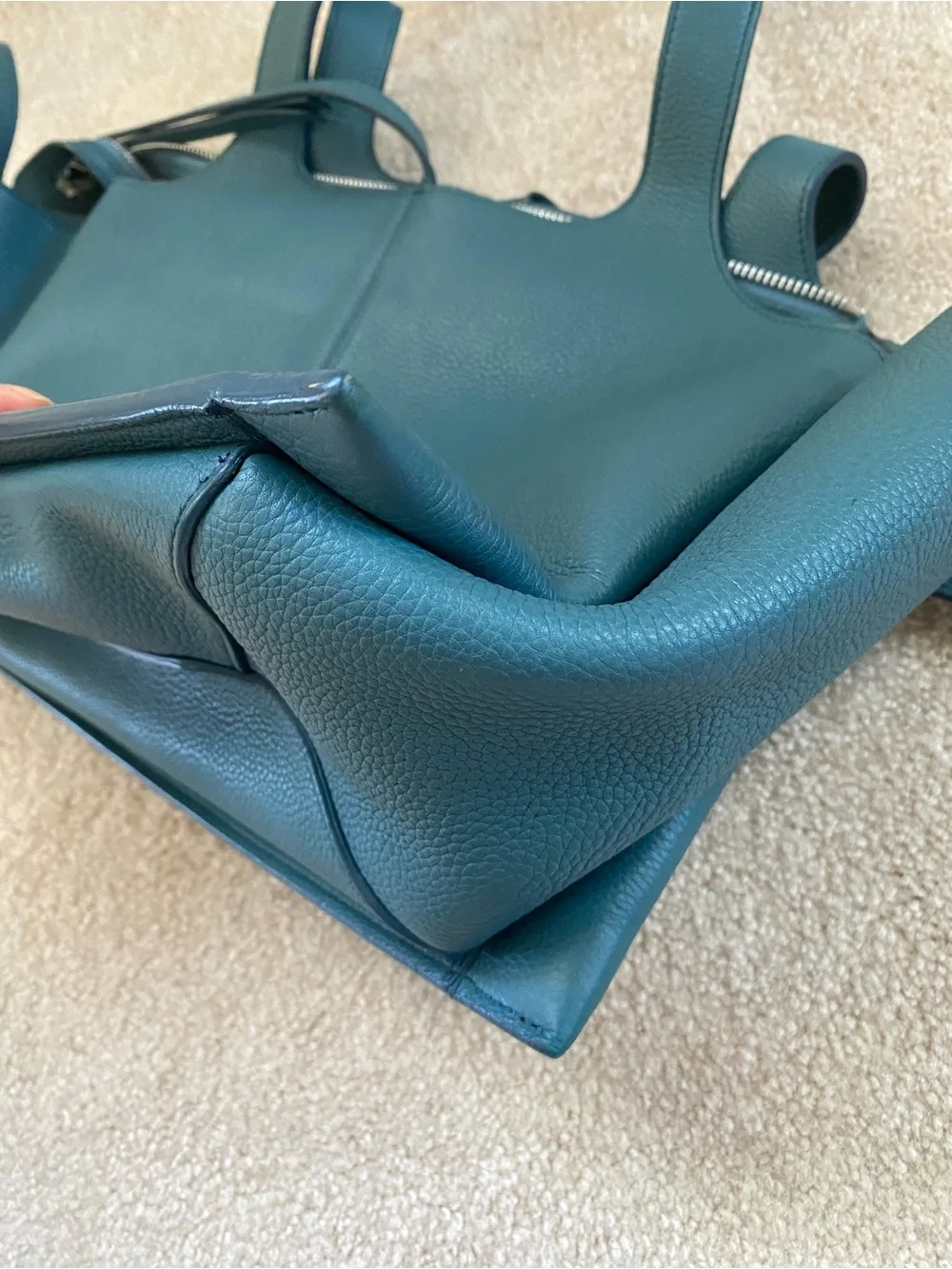 Celine Teal Blue Pebbled Leather Medium Trifold Tote